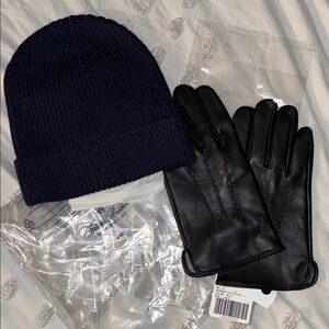 Brooks Brothers NEW Black Leather Gloves and Black Beanie Set Wool Unisex